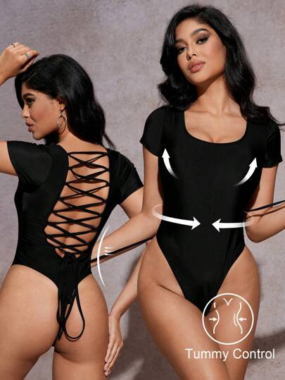 مايوه حريمي قطعة واحدة Shapewave قطعة واحدة من ملابس السباحة النسائية ذات اللون الأحادي والرباط الجذاب، للصيف