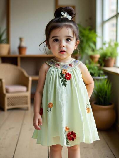 فساتين بيبي Vintaside Kids فستان بناتي دون أكمام مطرز، بطراز حلو برسومات أزهار دقيقة، مناسب لاحتفالات العطلات والتجمعات العائلية، لخلق إطلالة أميرة صغيرة أنيقة