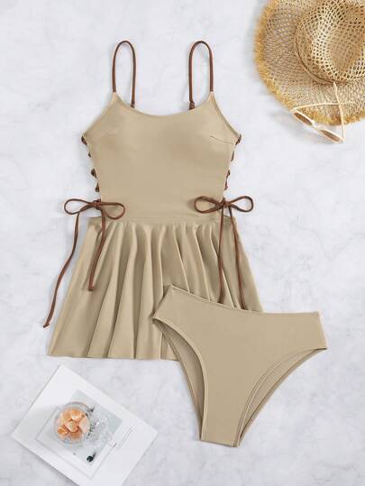 طقم تانكيني حريمي Swim Vcay مجموعة بدلة سباحة مكونة من فستان وشورت بحلقة جانبية، تصميم تدرج لوني مكشكش للتنورة، للعطلات الصيفية