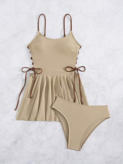 طقم تانكيني حريمي Swim Vcay مجموعة بدلة سباحة مكونة من فستان وشورت بحلقة جانبية، تصميم تدرج لوني مكشكش للتنورة، للعطلات الصيفية