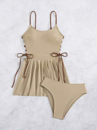 طقم تانكيني حريمي Swim Vcay مجموعة بدلة سباحة مكونة من فستان وشورت بحلقة جانبية، تصميم تدرج لوني مكشكش للتنورة، للعطلات الصيفية