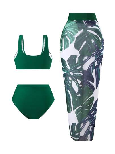 Swim Oasis مجموعة من قطعتين للنساء طراز 2025 جديد، ملابس سباحة صلبة اللون بياقة على شكل حرف V بدون أكمام وخصر عالي مع تنورة، مجموعة من 3 قطع للعطلات على الشاطئ