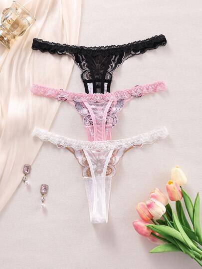 SHEIN 3 قطع من السراويل الداخلية النسائية المنخفضة الخصر بتصميم قلب، من الدانتيل الجذاب، بأشكال عشوائية