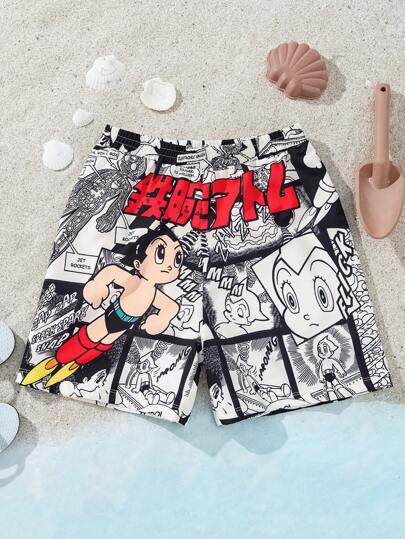 مايوه أولادي Astro Boy X  شورت صيفي فضفاض مطبوع بطبعات أبيض وأسود كوميكس،ملابس سباحة للأطفال