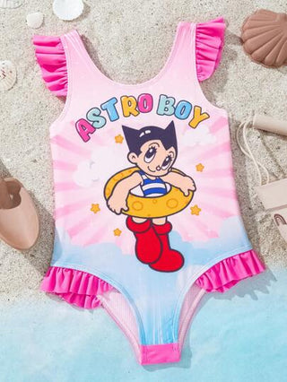 مايوه أولادي Astro Boy X  بدلة سباحة قطعة واحدة للصيف والشاطئ مع نقشة سحابة كرتونية ملونة بارزة باللون الوردي والأزرق الحلوة مع تشطيب كشكش للفتيات الصغيرات