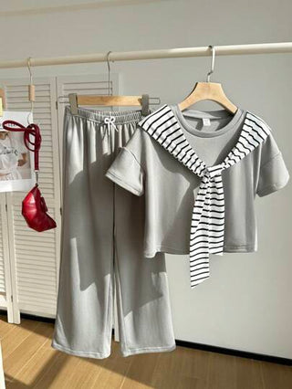 SHEIN مجموعة إطلالة كاجوال للبنات المراهقات - قميص تي شيرت بياقة ساقطة وأكمام قصيرة مخطط مع بنطال ذو ساق واسعة مناسب للارتداء اليومي والخروج والمنزل ، مجموعة صيفية جديدة، قطعتان
