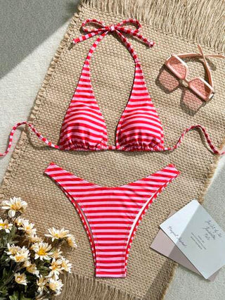 Swim Mod بكيني نسائي فاشن صيفي قصير الرقبة مخطط باللون المحظر