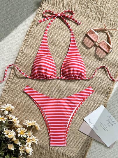 Swim Mod بكيني نسائي فاشن صيفي قصير الرقبة مخطط باللون المحظر
