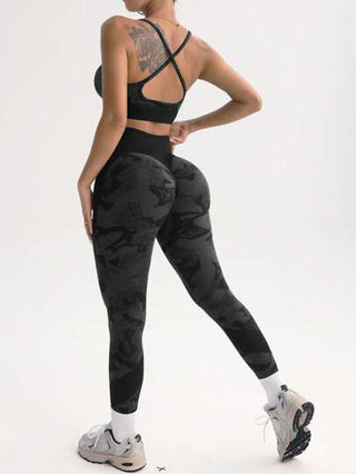 POWERISTA Powerista طقم رياضي للنساء يتكون من ملابس علوية قصيرة وسروال ضيق مرتفع الخصر مطبوع بتصميمات أزياء