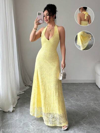 Rafferiza فستان أنيق للنساء ذو قالب بودي كون ذو ياقة مزيفة، بدون أكمام، بتنجيد صدر عميق، قماش دانتيل كامل، باللون الأصفر الفاتح، مناسب للربيع والصيف
