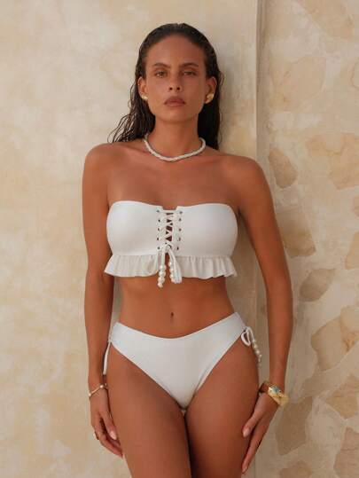 طقم تانكيني حريمي Swim Chiccia مجموعة من 2 قطعة للمرأة قمصان صيفية بدون ظهر مع كشكشة وفيونكة في الأمام وسُحاب جانبي، بناطيل سباحة أنيقة وعصرية