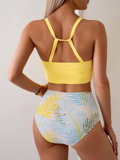 طقم تانكيني حريمي Swim طقم بيكيني نسائي من قطعتين مع ملابس علوية بذنار وطباعة النباتات الاستوائية للصيف والشاطئ