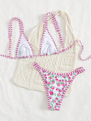 Swim Mod مجموعة بكيني مكونة من 2 قطعة للعطلة الصيفية، تصميم جريء وأنيق مطبوع بالكامل بطبعات الفاكهة، مع ألوان متباينة، شريحة علوية بسيقان التانكيني والجزء السفلي