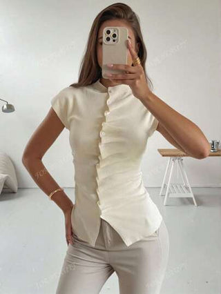 كارديجان محبوك بأكمام قصيرة مطوية وياقة مستديرة، أزرار، للنساء، طراز جديد للربيع والصيف، قميص رفيع مناسب للارتداء اليومي والتخرج، قميص محبوك رفيع للصيف