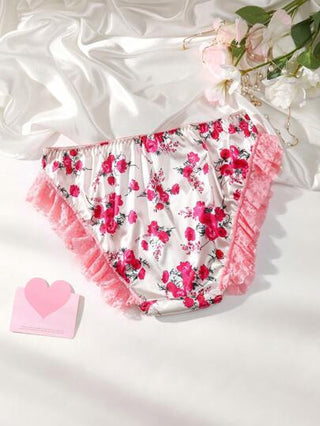FloralLove ملابس داخلية للسيدات ذات طبعات زهرية وحدود من التطعيمات البيضاء، مزينة بفيونكة، رومانسية للاحتفال بعيد الحب