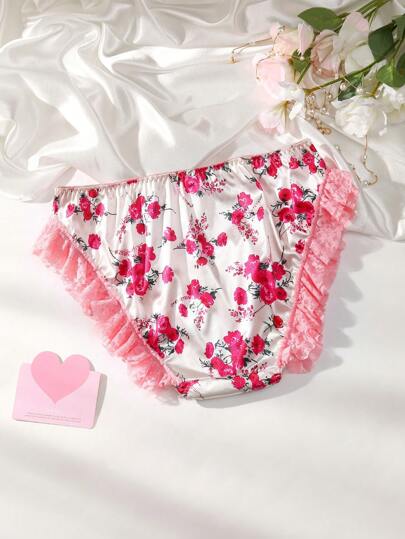 FloralLove ملابس داخلية للسيدات ذات طبعات زهرية وحدود من التطعيمات البيضاء، مزينة بفيونكة، رومانسية للاحتفال بعيد الحب