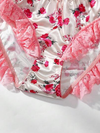 FloralLove ملابس داخلية للسيدات ذات طبعات زهرية وحدود من التطعيمات البيضاء، مزينة بفيونكة، رومانسية للاحتفال بعيد الحب