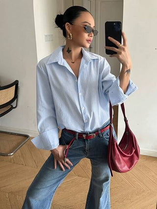 DAZY قميص نسائي بأكمام طويلة مخطط ، عصري ومناسب للصيف
