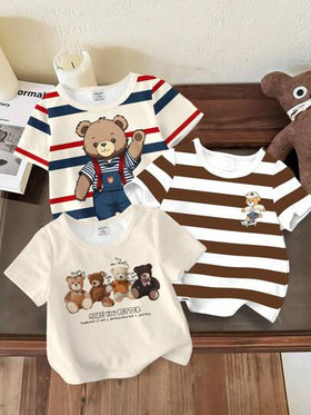 SHEIN 3 قطع تي شيرت كاجوال بطبعة دب كوري أنيق للأولاد، طقم شراء واحد واحصل على اثنين، رقبة دائرية، قطن مرن، أكمام قصيرة، مناسب للعطلات والخروجات والسفر والتنسيق، مناسب للربيع والصيف