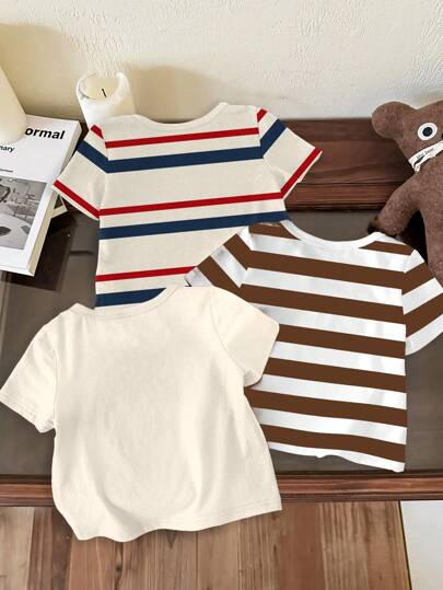 SHEIN 3 قطع تي شيرت كاجوال بطبعة دب كوري أنيق للأولاد، طقم شراء واحد واحصل على اثنين، رقبة دائرية، قطن مرن، أكمام قصيرة، مناسب للعطلات والخروجات والسفر والتنسيق، مناسب للربيع والصيف