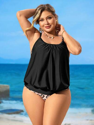Swim Lushoire طقم بحجم كبير لامرأة، قطعتان من البدلة البحرية الرياضية على شكل تانكيني مطبوع برسم نمر رقمي، مع ملابس علوية محصور رقبة مستديرة وأربطة وسروال