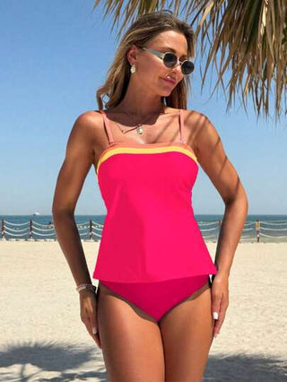 طقم تانكيني حريمي Swim Lushoire 2 قطعة / مجموعة من البلوزة العلوية و بكيني للنساء ذات تصميم سير سباغيتي ثابت وطباعة لون واحد، وسيط للأنيق متصل قابل للإزالة لمظهر رشيق