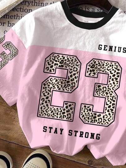 SHEIN Leap Crew تي شيرت صيفي صغيرة بقصة فضفاضة بأكمام قصيرة ومطبوع برسوم رقمية ونجمية بطبعة نمر غير رسمية للرياضة