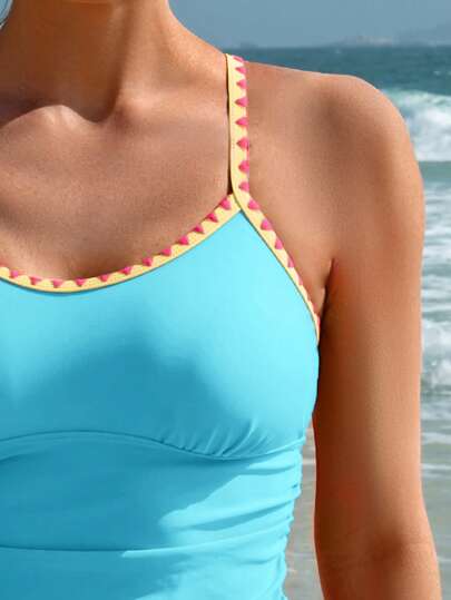 طقم تانكيني حريمي Swim Lushoire بدلة سباحة كاجوال عصرية للنساء بحمالات رفيعة وتصميم تريمينج ملون