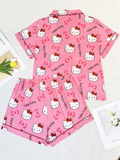 بيجاما Sanrio [رخصة رسمية] مجموعة مكونة من 2 قطعة للبنات الأطفال والأطفال الرضع هالو كيتي وقطة الكرتون طباعة حرف أربطة قصيرة الأكمام وشورت ملابس منزلية مريحة بيجاما