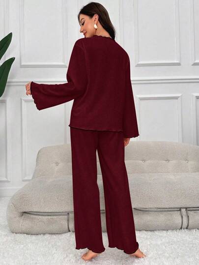 SHEIN طقم بيجامة نسائي من قطعتين (ملابس علوية وبنطلون) بأكمام طويلة وأزرار أمامية، لون بوردو، بيجامة نسائية مريحة للاستخدام المنزلي والراحة، بيجامة نسائية بأكمام طويلة، ملابس خريف وشتاء