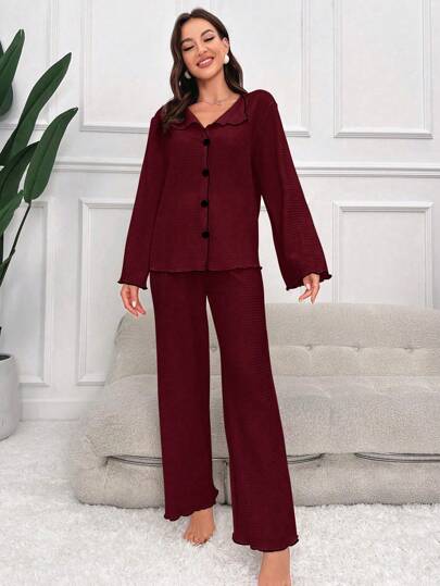 SHEIN طقم بيجامة نسائي من قطعتين (ملابس علوية وبنطلون) بأكمام طويلة وأزرار أمامية، لون بوردو، بيجامة نسائية مريحة للاستخدام المنزلي والراحة، بيجامة نسائية بأكمام طويلة، ملابس خريف وشتاء
