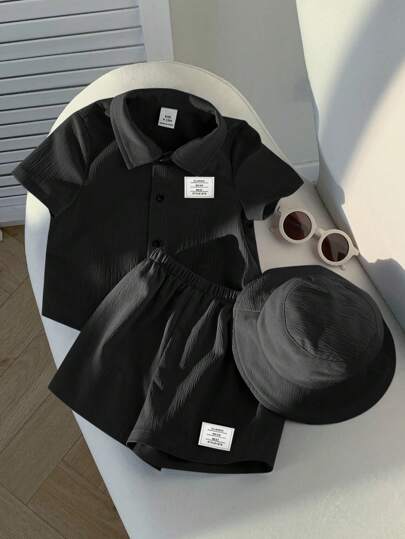 SHEIN 3 قطعة/طقم ملابس علوية كاردي قصيرة الأكمام مطرزة للأطفال الصغار، شورت ذو خصر مطاطي وقبعة