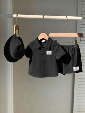 SHEIN 3 قطعة/طقم ملابس علوية كاردي قصيرة الأكمام مطرزة للأطفال الصغار، شورت ذو خصر مطاطي وقبعة