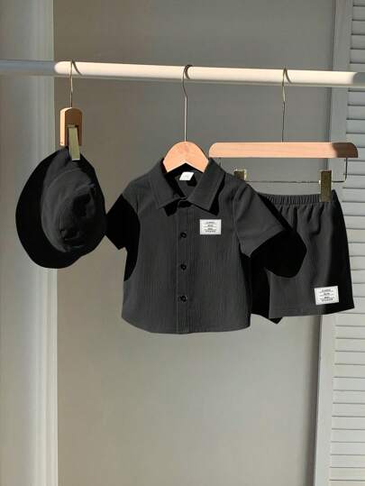SHEIN 3 قطعة/طقم ملابس علوية كاردي قصيرة الأكمام مطرزة للأطفال الصغار، شورت ذو خصر مطاطي وقبعة