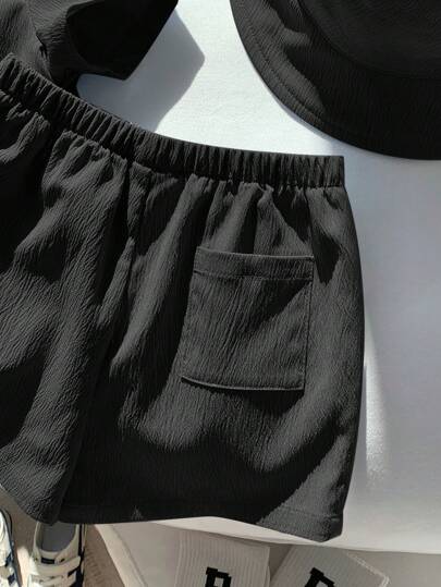 SHEIN 3 قطعة/طقم ملابس علوية كاردي قصيرة الأكمام مطرزة للأطفال الصغار، شورت ذو خصر مطاطي وقبعة