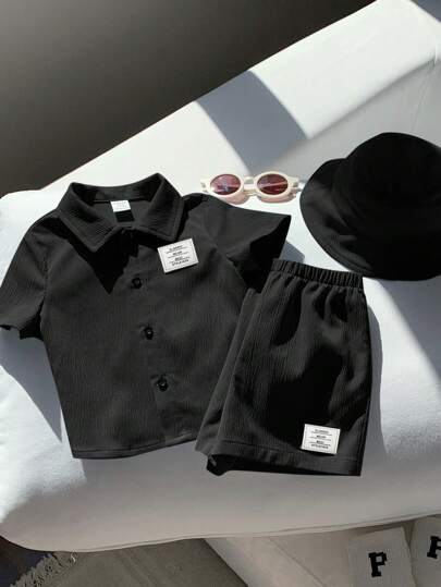 SHEIN 3 قطعة/طقم ملابس علوية كاردي قصيرة الأكمام مطرزة للأطفال الصغار، شورت ذو خصر مطاطي وقبعة