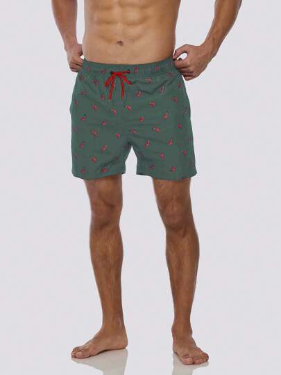 Manfinity Swimmode شورت شاطئ بجيب وسحاب في الخصر مطبوع بطباعة فلفل حار، مناسب للصيف، هاواي