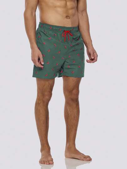 Manfinity Swimmode شورت شاطئ بجيب وسحاب في الخصر مطبوع بطباعة فلفل حار، مناسب للصيف، هاواي