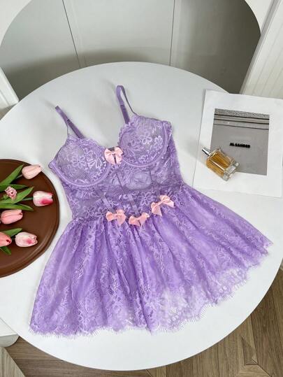 لانجيري حريمي FloralLove ثوب نوم نسائي جذاب وأنيق مزين بالدانتيل والفيونكة