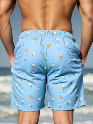 Manfinity Swimmode سروال قصير للشاطئ خصر بحبل سحب للرجال ذو طباعة رسوم كراميل وآيس كريم، قصير البيسبول والآيس كريم، ملائم للسباحة والخروجات العادية للشاطئ ذو طابع هاواي
