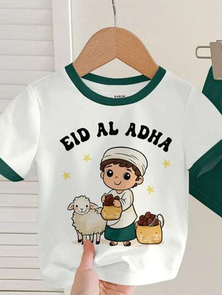 مجموعة قميص بأكمام قصيرة وشورت، 2 قطعة شيبرد طفل بني لطيف، صبي صغير مع ثمار محصودة ورسم خروف جميل، صيفية