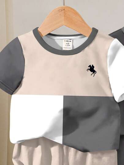 SHEIN مجموعة بلوزة وشورت كاجوال مبسطة لطفل صبي ، تصميمة العنق المستدير الأكمام القصيرة مناسبة للاستخدام الصيفي قطعتان/المجموعة