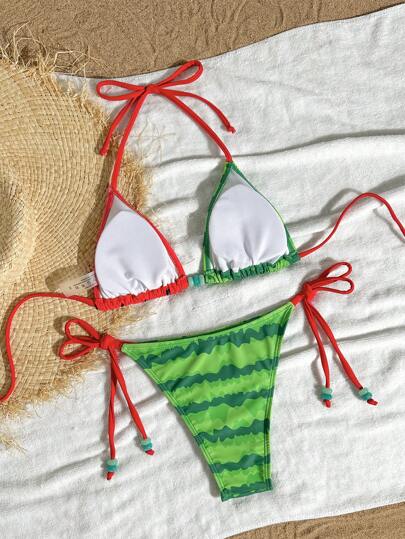 طقم تانكيني حريمي Swim Mod بكيني نسائي مطبوع برسم البطيخ بتصميم شرابة العنق، مجموعة للارتداء في الشاطئ الصيفي