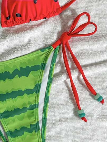 طقم تانكيني حريمي Swim Mod بكيني نسائي مطبوع برسم البطيخ بتصميم شرابة العنق، مجموعة للارتداء في الشاطئ الصيفي