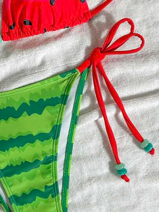 طقم تانكيني حريمي Swim Mod بكيني نسائي مطبوع برسم البطيخ بتصميم شرابة العنق، مجموعة للارتداء في الشاطئ الصيفي