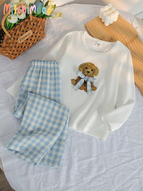 SHEIN Genkimix Kids طقم بجامة للبنات، تريكو طباعة الفراشات والأعرج، توب بأكمام طويلة وبنطلون طويل، قطعتان
