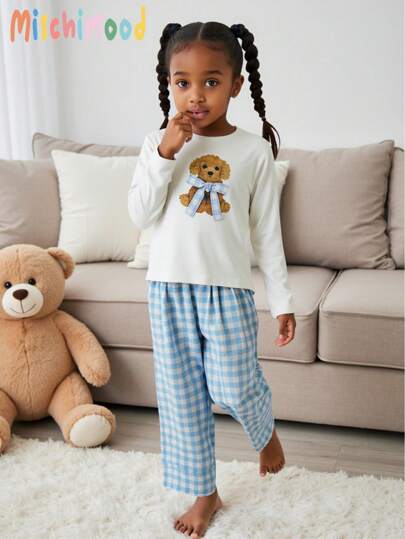 SHEIN Genkimix Kids طقم بجامة للبنات، تريكو طباعة الفراشات والأعرج، توب بأكمام طويلة وبنطلون طويل، قطعتان
