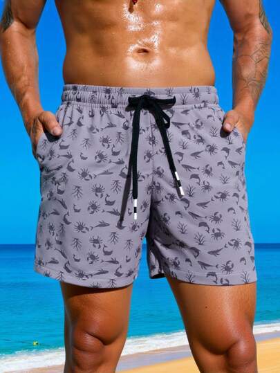 Manfinity Swimmode شورتات الشاطئ للرجال المطبوعة بأكملها للأيام المشمسة، بدلات الشاطئ للرجال، شورتات الشاطئ للرجال، ملابس الشاطئ، ملابس الشاطئ للرجال، شورتات شاطئ كاجوال للاستخدام الخارجي، مطبوعة بطراز هاواي