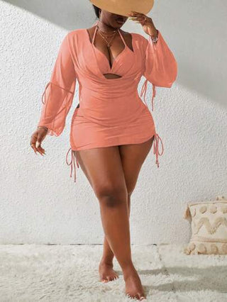 Slaydiva طقم بكيني ذي تنورة وأعلى بأكمام طويلة بلون أحادي مقاسات كبيرة من 4 قطع
