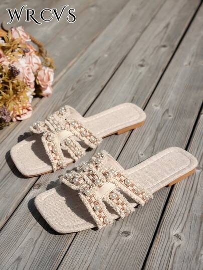 WRCVS نعال شقق مطرزة بخرز مجوف للنساء، بنمط زهري عشوائي، صنادل بوهيمية للحفلات والعطلات والخارج، ملابس ربيع وصيف